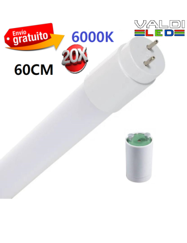 Pack de 20 Tubos Led T8 60cm 9W de Cristal 6000k con Conexión un Lateral y Envío Gratis.