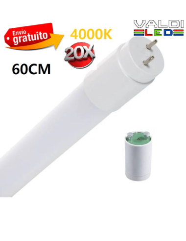 Pack de 20 Tubos Led T8 60cm 9W de Cristal 4000k Neutro con Conexión un Lateral y Envío Gratis.