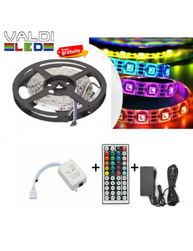 Tira de 300 LEDs 72W SMD5050 12VDC IP33 Multicolor RGB Transformador/Controlador x5M y Envío Gratis.