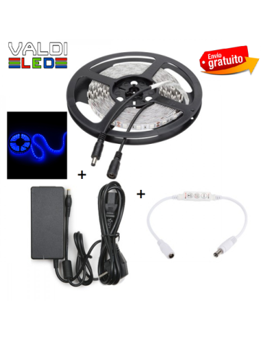 Tira de 300 LEDs 72W SMD5050 12VDC Azul Transformador/Dimmer x5M y Envío Gratis