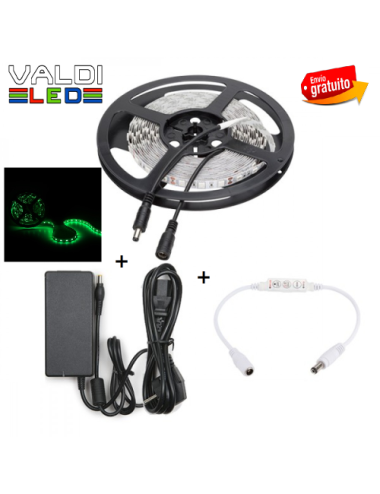 Tira de 300 LEDs 72W SMD5050 12VDC Verde Transformador/Dimmer x5M y Envío Gratis