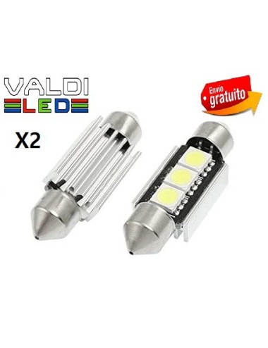 Pack 2 Bombillas LED C5W Festoon Canbus 36mm 3 SMD 6000K para Matrícula, Interior y Lectura Coche